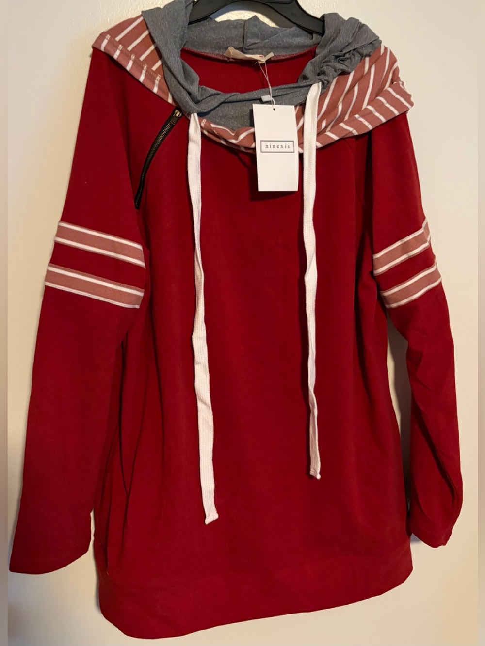 New Ninexis Size Grey Crimson Red & White Stripe Long Sleeve Hoodie Pullover